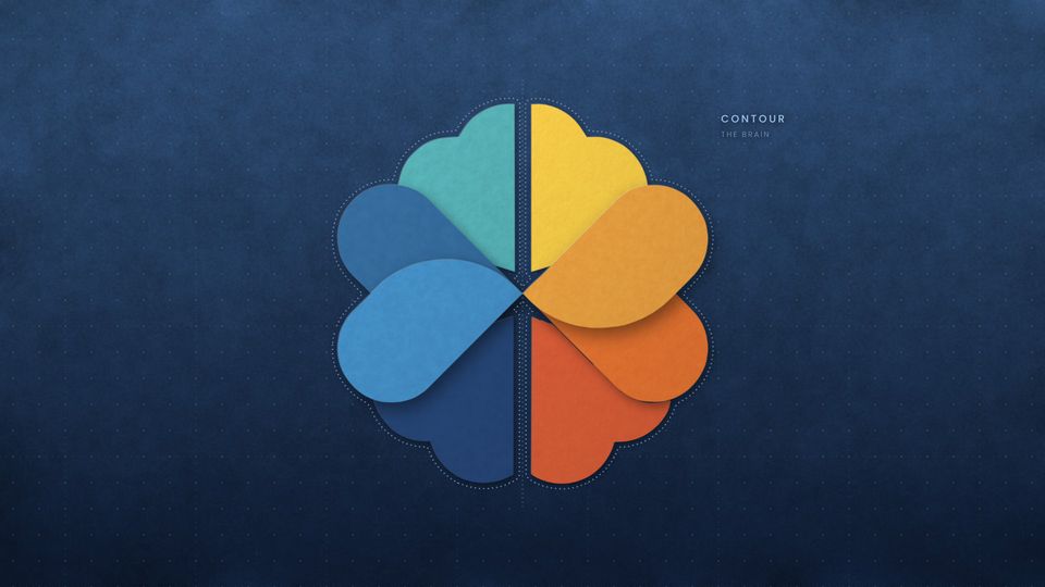 Four colored lobes opened flat around the two hearts, forming the contour of a brain